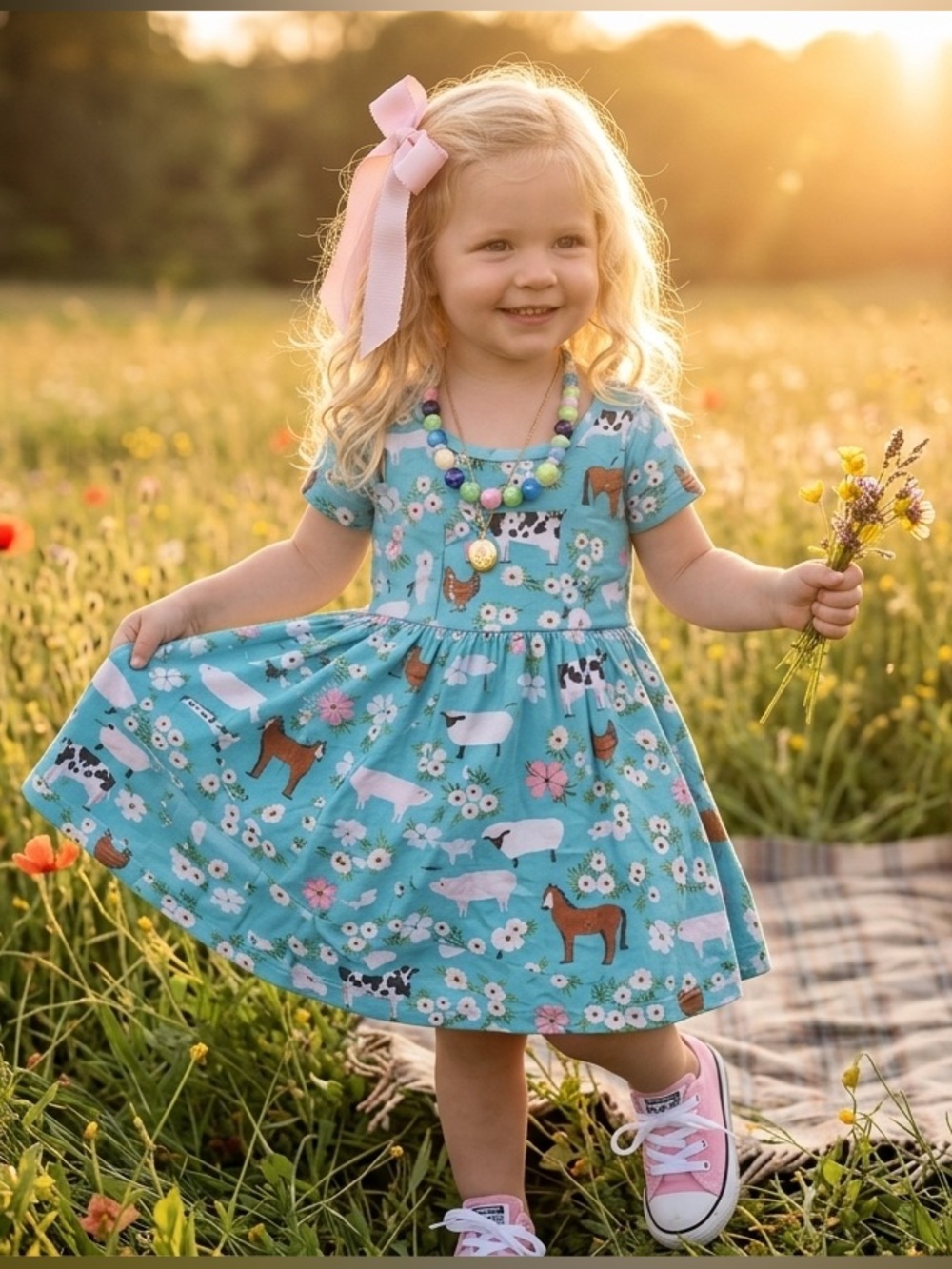 Girl’s Aqua Farm Twirl Dress Cow horse dress Texas cowgirl outfit Sz 12mo 18mo 2